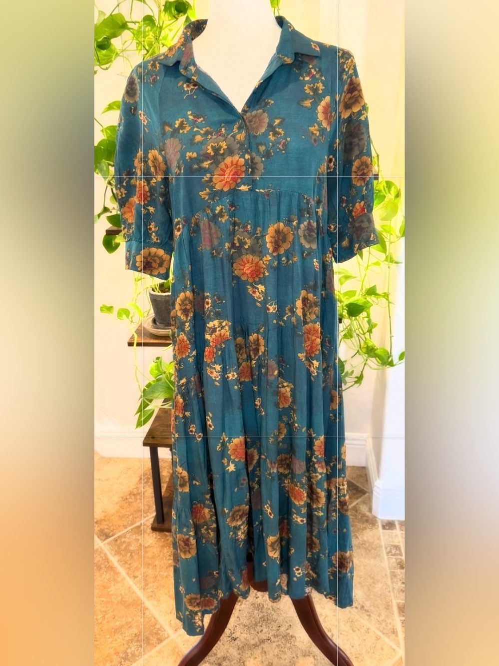 NATURAL LIFE Teal with Orange Clusters Rebecca Midi Dress - NWT